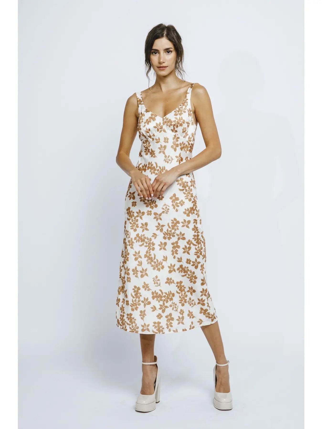Satin Slip Dress - Brown Floral Satin Slip Dress - Brown Floral