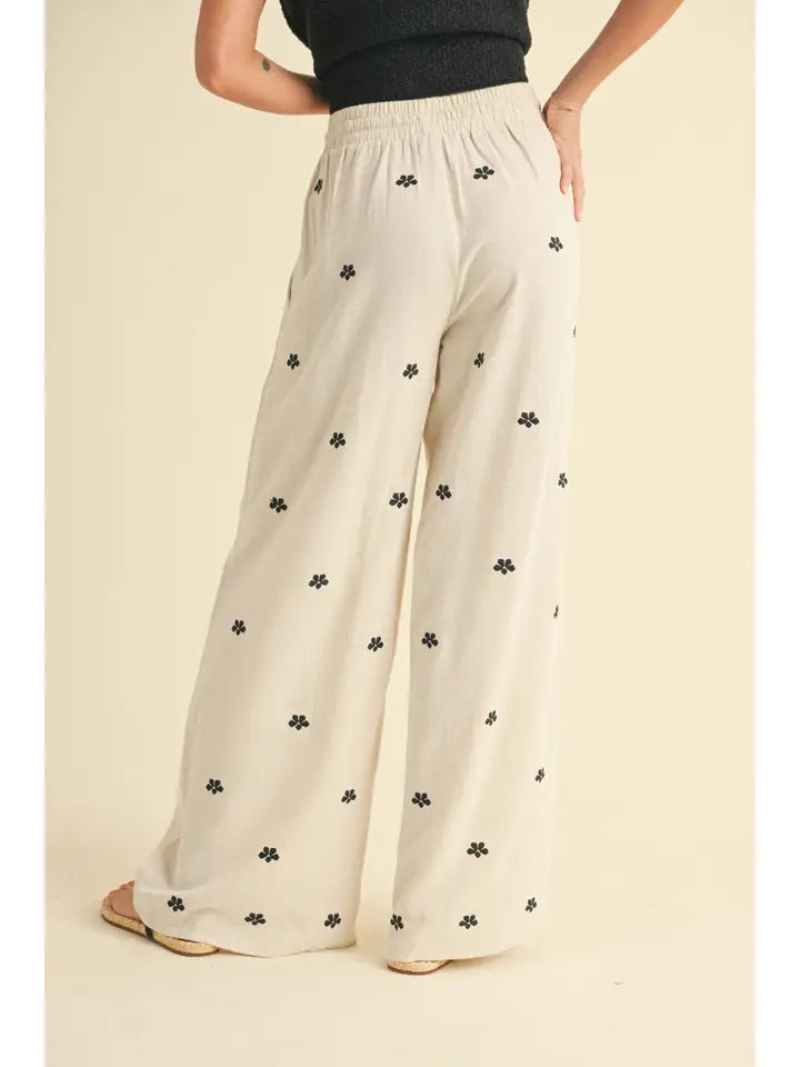 Embroidery Detail Linen Pants - Oatmeal