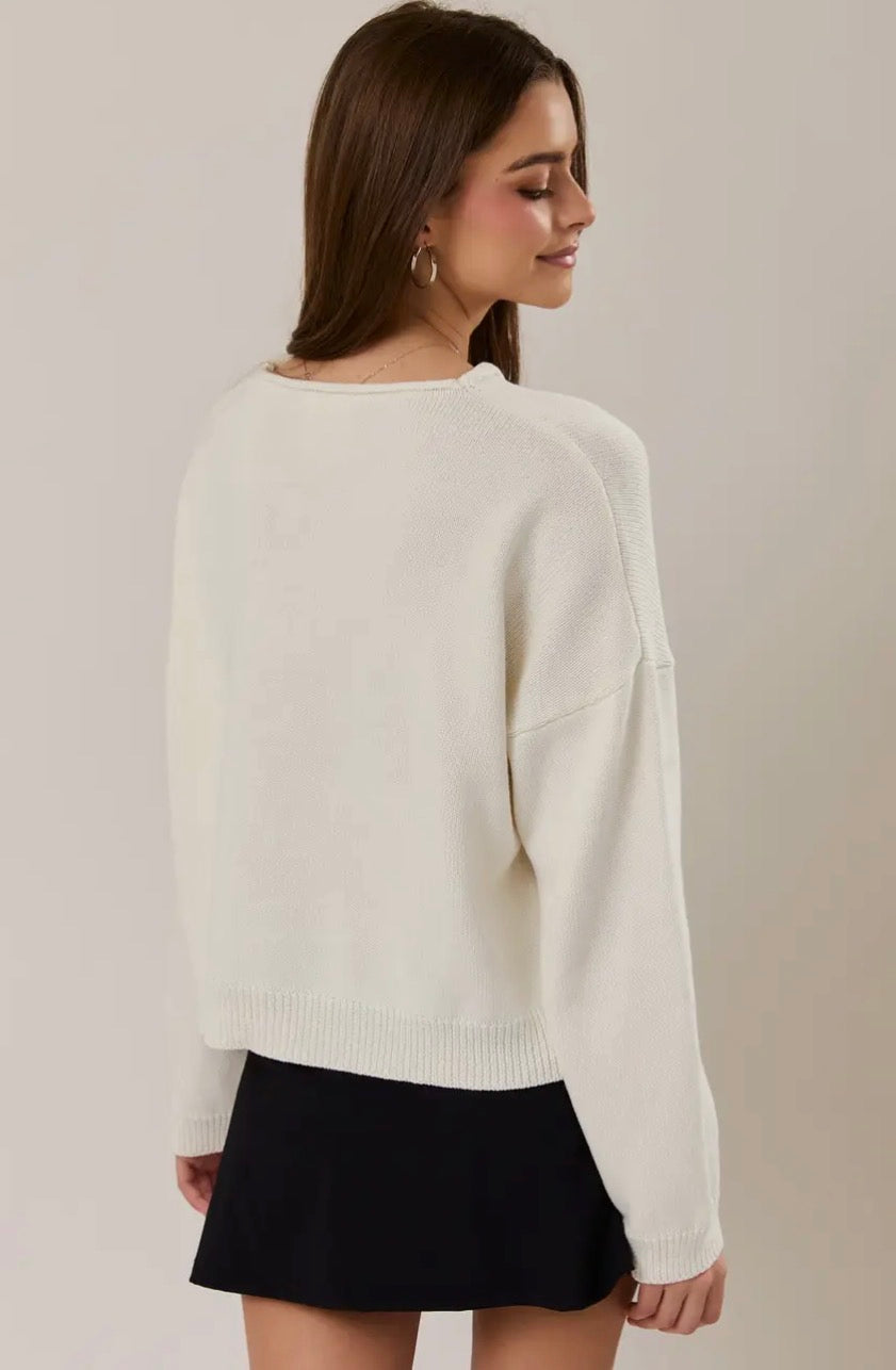 Rolled Hemline Sweater Cardigan - Whie