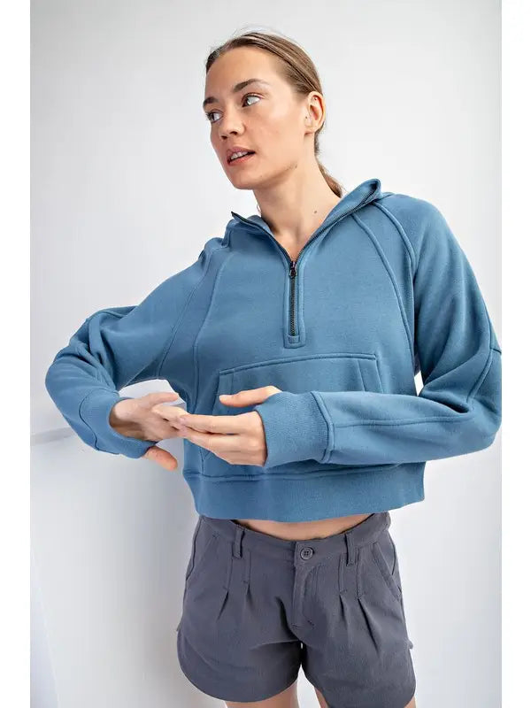 Cropped Quarter Zip French Terry Hoodie Jacket - Calypso