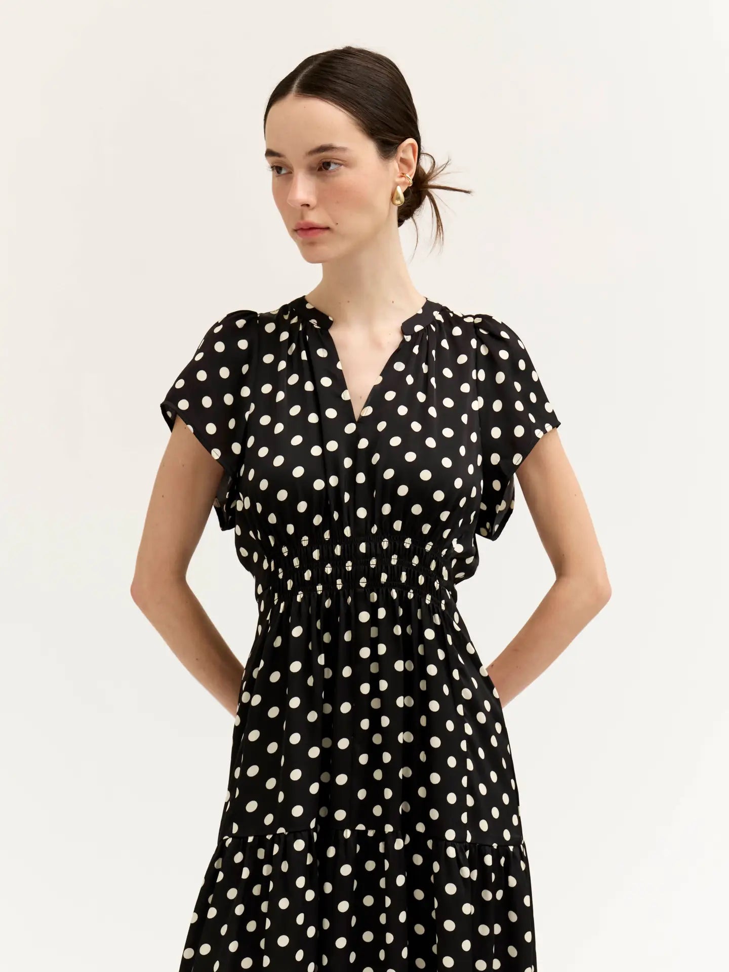 Grade + Gather - Ruffle Satin Midi Dress - Black + White