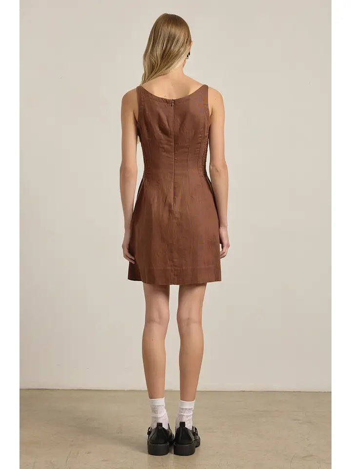 Linen Square Neck Mini Dress - Brown