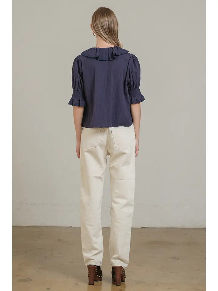 Ruffle Trim Lace Detail Blouse - Navy