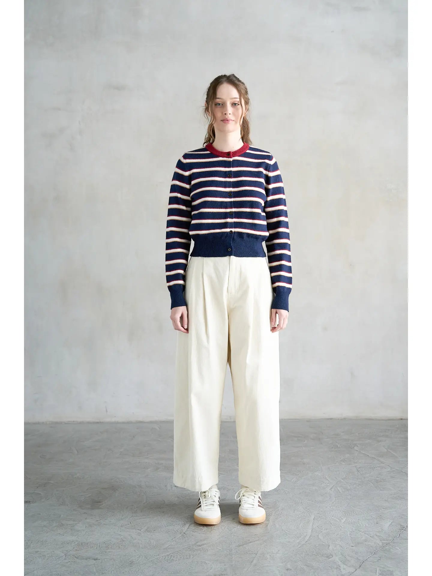 Striped Crew Neck Contrast Cardigan - Navy Stripe