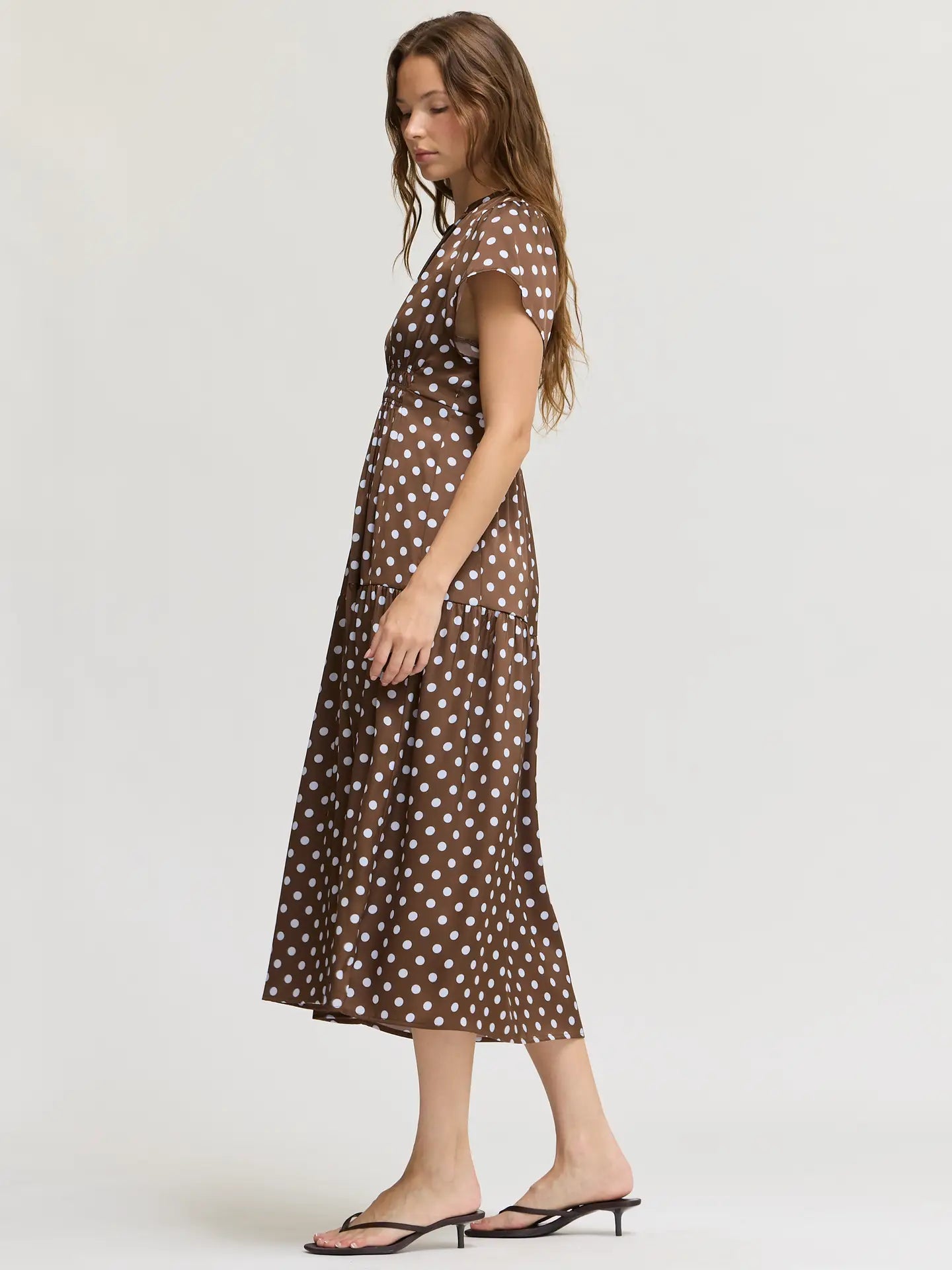 Grade + Gather - Ruffle Satin Midi Dress - Brown + Blue