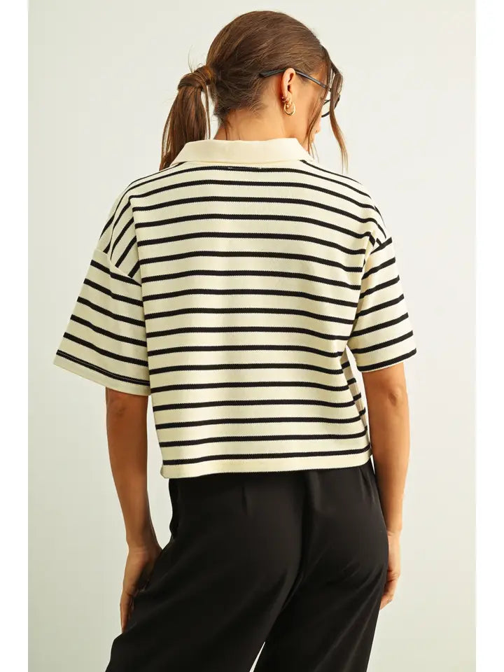 Stripe Short Sleeve Polo Shirt - Cream & Black