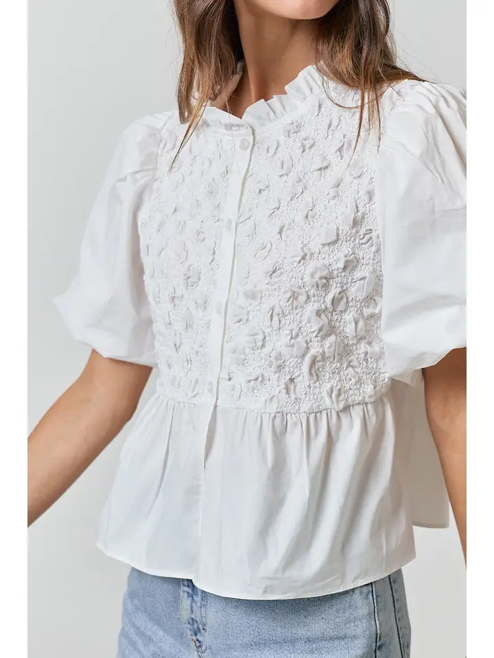 Textured Puff Sleeve Button Front Blouse - Off White