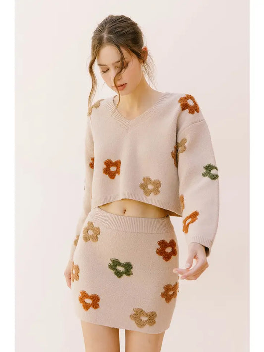 Knit Cropped Sweater - Multi-Color Daisy