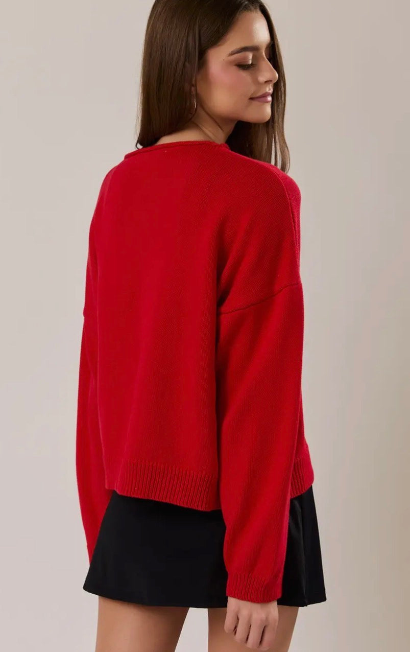 Rolled Hemline Sweater Cardigan - Red