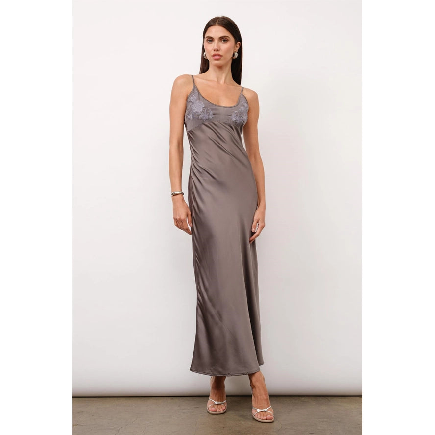 charcoal grey maxi dress Zaria Embroidery Satin Maxi Dress