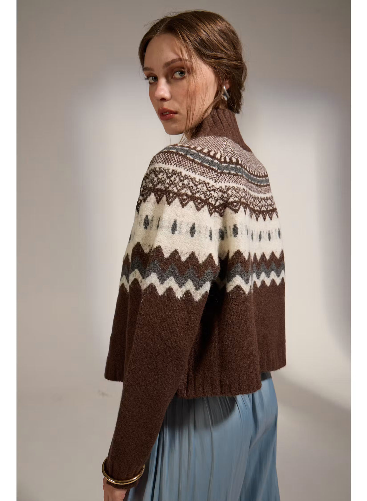 Cinnamon Turtleneck Sweater - Brown, Ecru & Grey