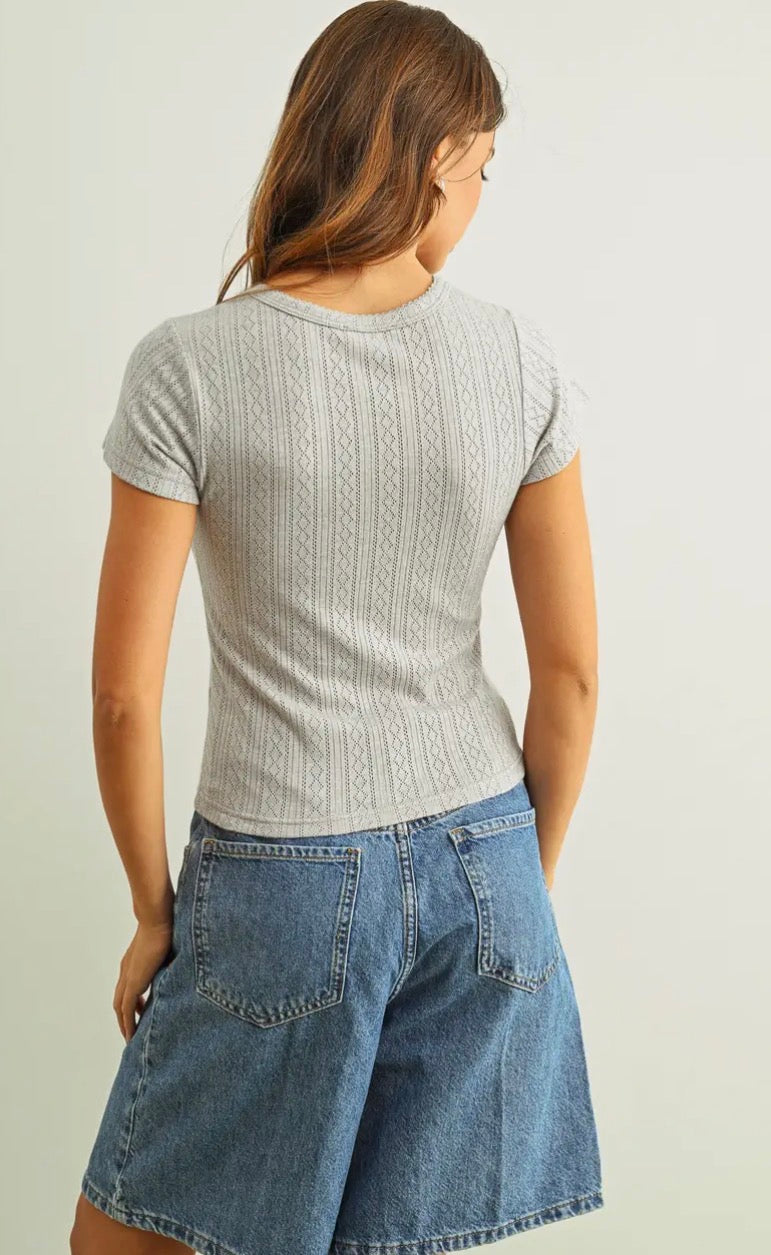 Pointelle Short Sleeve Top - Heather Grey