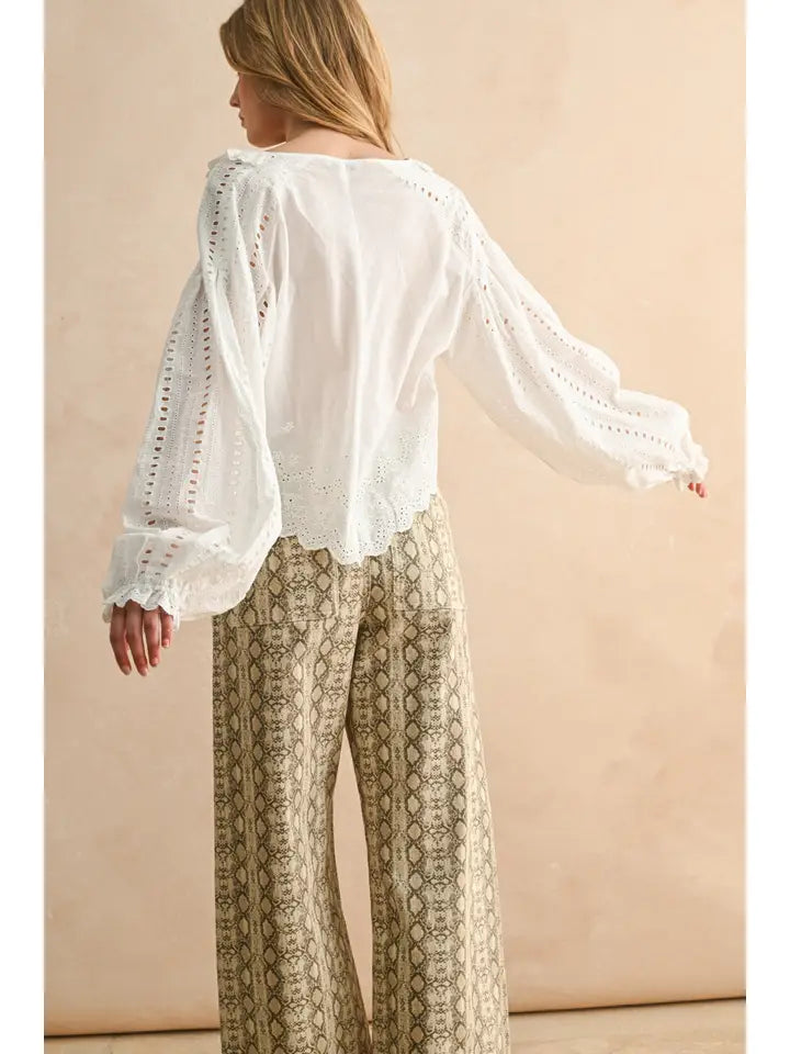 Embroidery Detail Long Sleeve Blouse - White