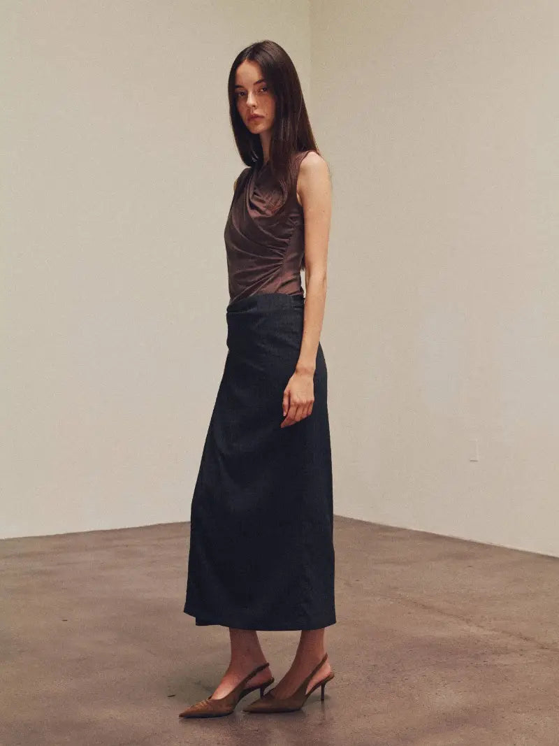 Grade + Gather - Overlap High Neck Sleeveless Top - Chocolate