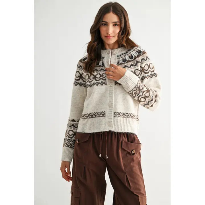 Nordic-Inspired Wool Blend Cardigan - Oatmeal/Brown