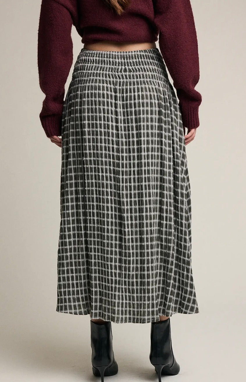 Plaid Smocked Waist Midi Skirt - Deep Khaki