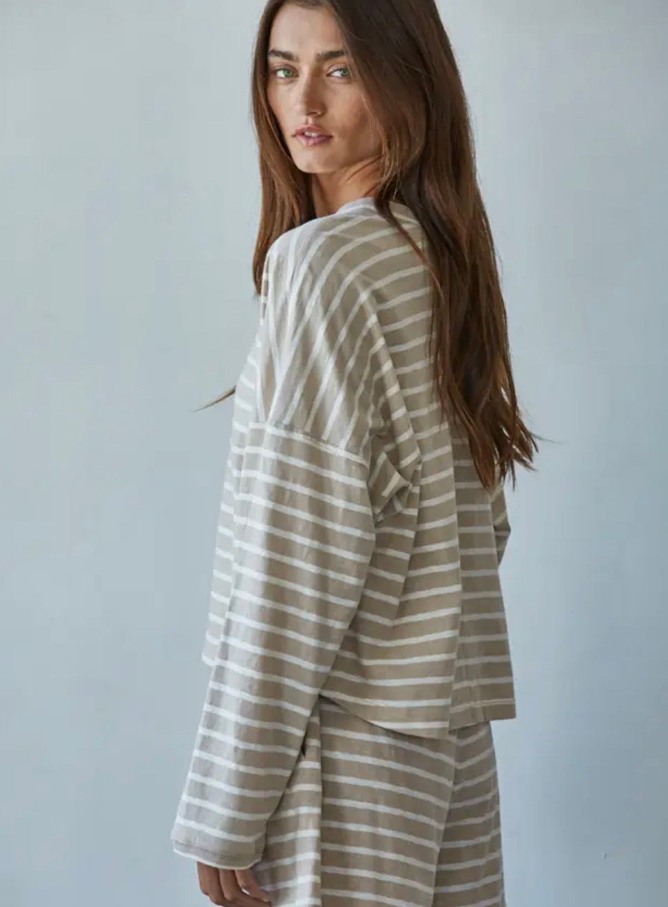 Knit Striped Mock Neck Long Sleeve - Taupe White