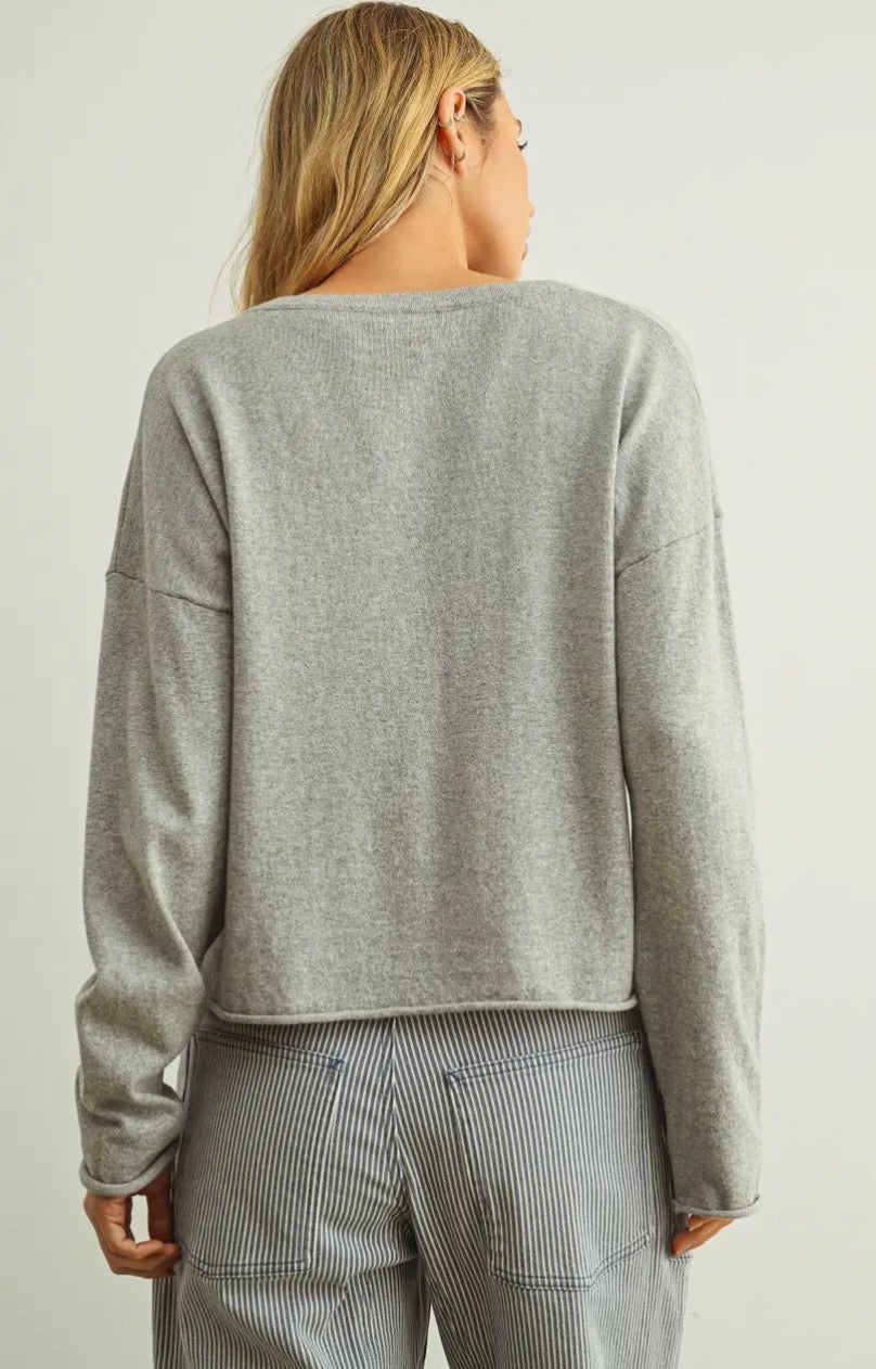 Essential Long Sleeve Roll Hem Top - Grey