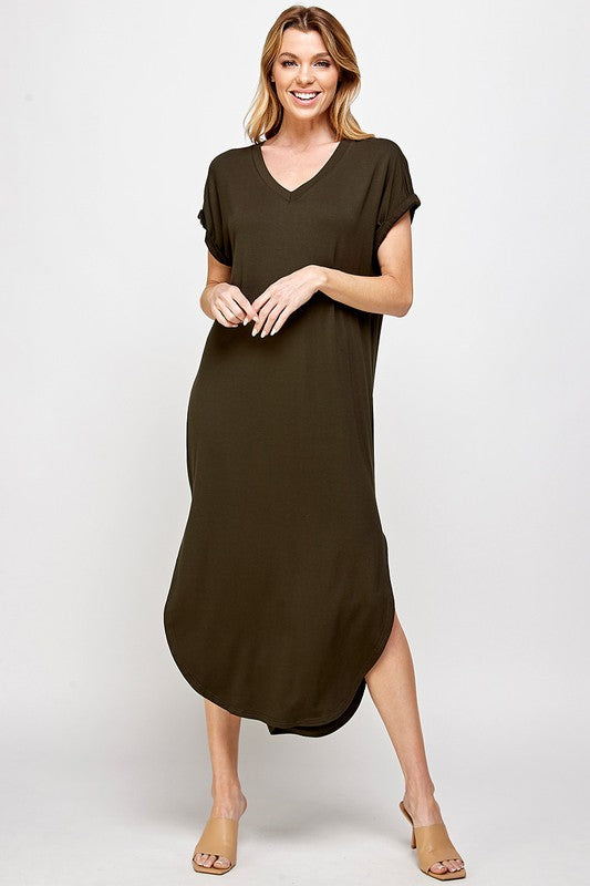Long Basic V-Neck Dress - Olive