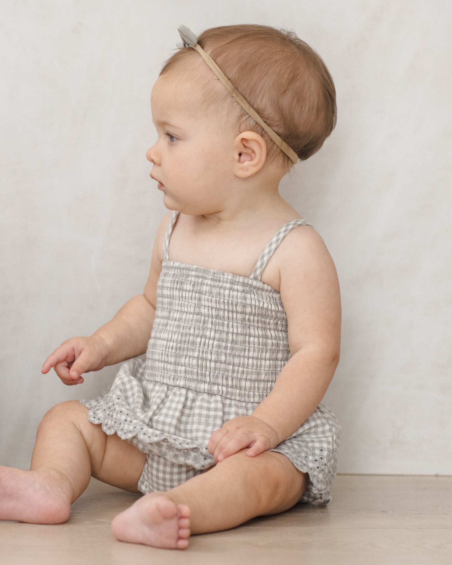 Quincy Mae - Smocked Skirted Romper - Sage Gingham