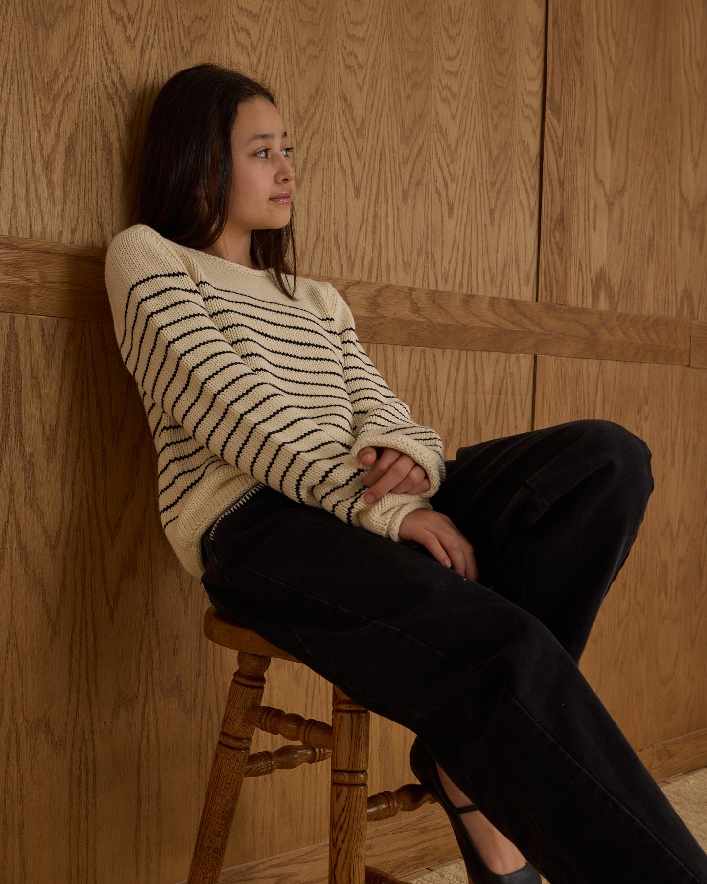 Rylee + Cru - Tween Round Neck Sweater - Black Stripe