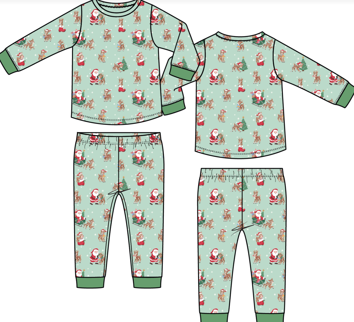 Long Sleeve Loungewear Set - Vintage Reindeer + Santa - Green