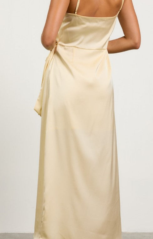 Sleeveless Satin Wrap Tie Midi Dress - Butter Yellow