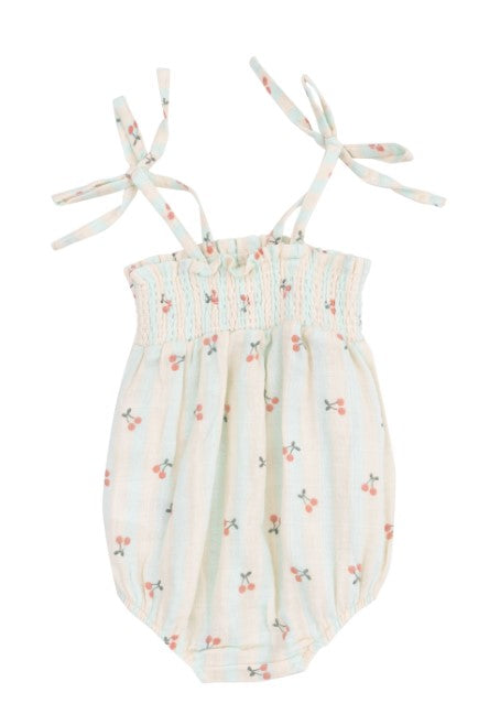 Tie Strap Smocked Bubble - Cherry Stripe