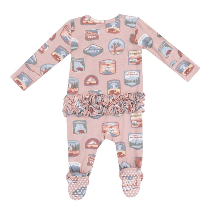 Two Way Ruffle Zipper Footie - National Park Patches - Pink