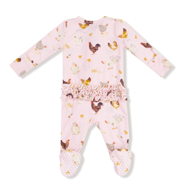 Two Way Ruffle Zipper Footie - Collector Chickens - Pink