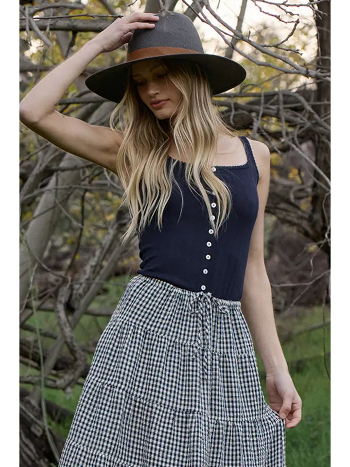 Pointelle Ribbed Button Front Knit Cami - Navy