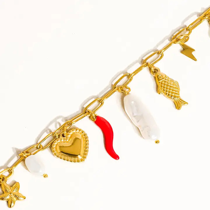 Filigree 18K Gold Non-Tarnish Pepper Fish Charm Necklace - Yellow Gold
