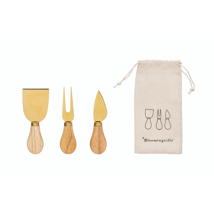 Bloomingville - Stainless Steel Cheese Utensils with Oak Wood Handles - Set of 3