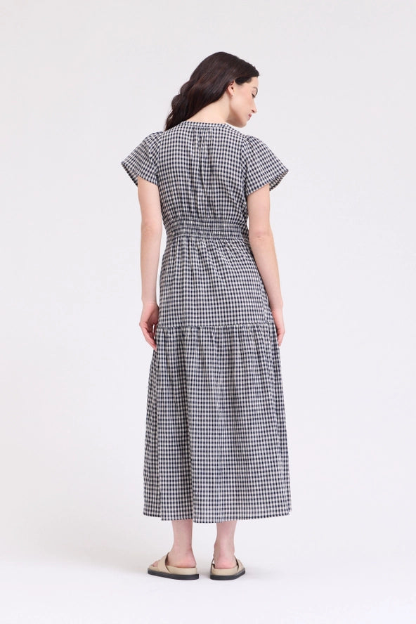 Grade + Gather - Ruffle Gingham Midi Dress - Midnight