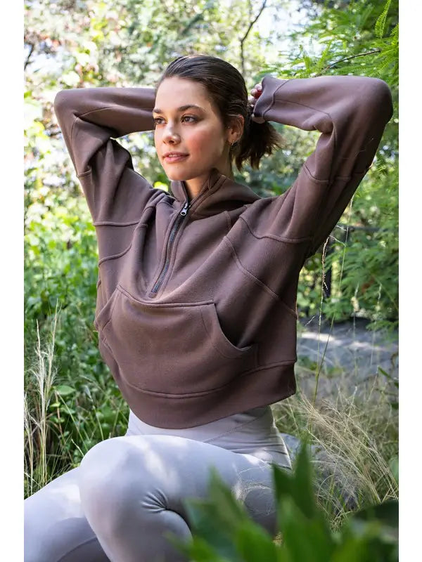 Cropped Quarter Zip French Terry Hoodie Jacket - Coffee