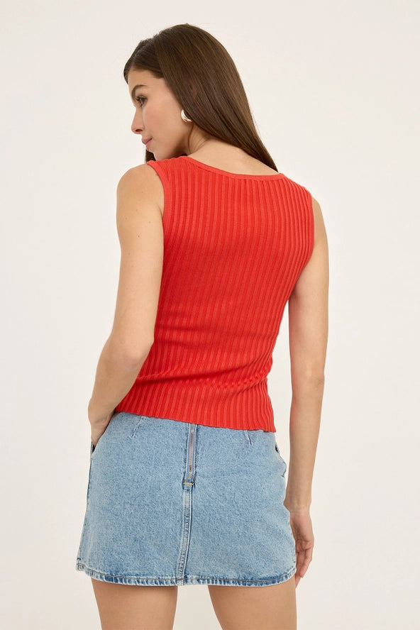 Slim Knit Sleeveless Button Top - Red