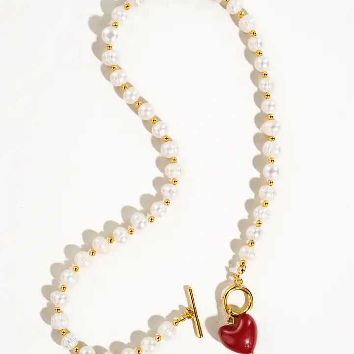 Wren Vintage Natural Pearl Heart Necklace - Red