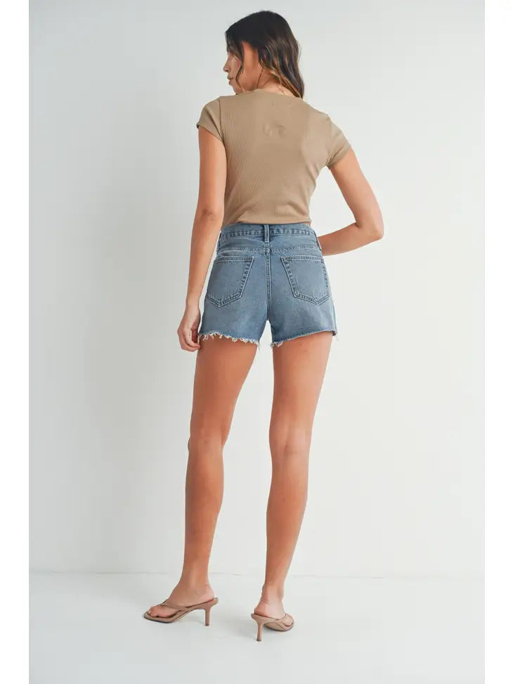 High Rise Frayed Short - Medium Denim