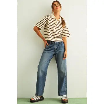 Stripe Short Sleeve Polo Shirt - Cream & Brown