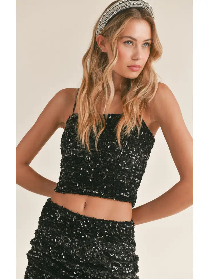 Sequined Cropped Top - Black
