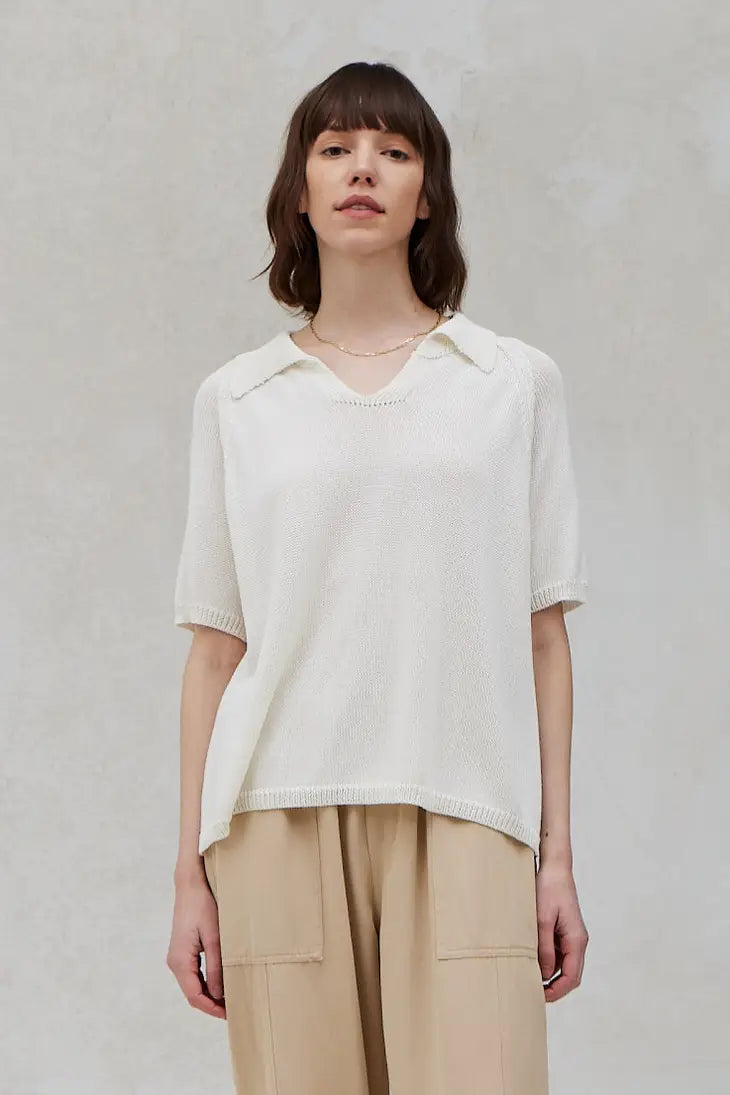 Grade + Gather - Short Sleeve Knit Collar Sweater - Ivory