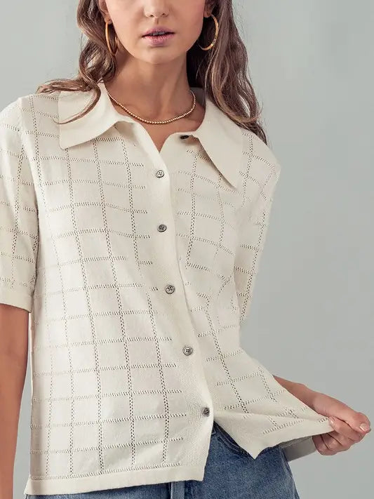 Checkered Knit Polo Shirt - Ivory