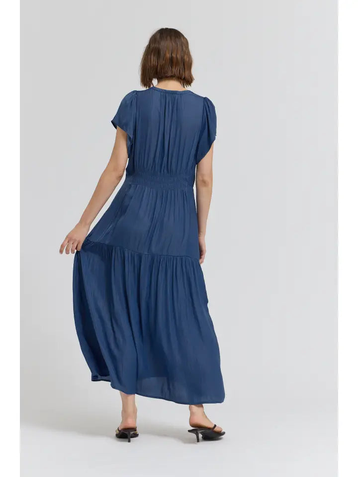 Grade + Gather - Ruffle Satin Midi Dress - Blue Corn