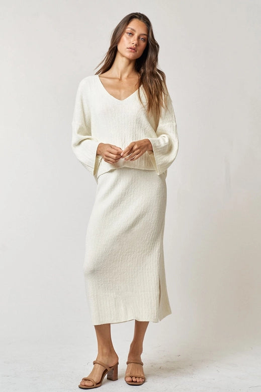 Thin Ribbed Long Sleeve Top + Skirt Set - Cream