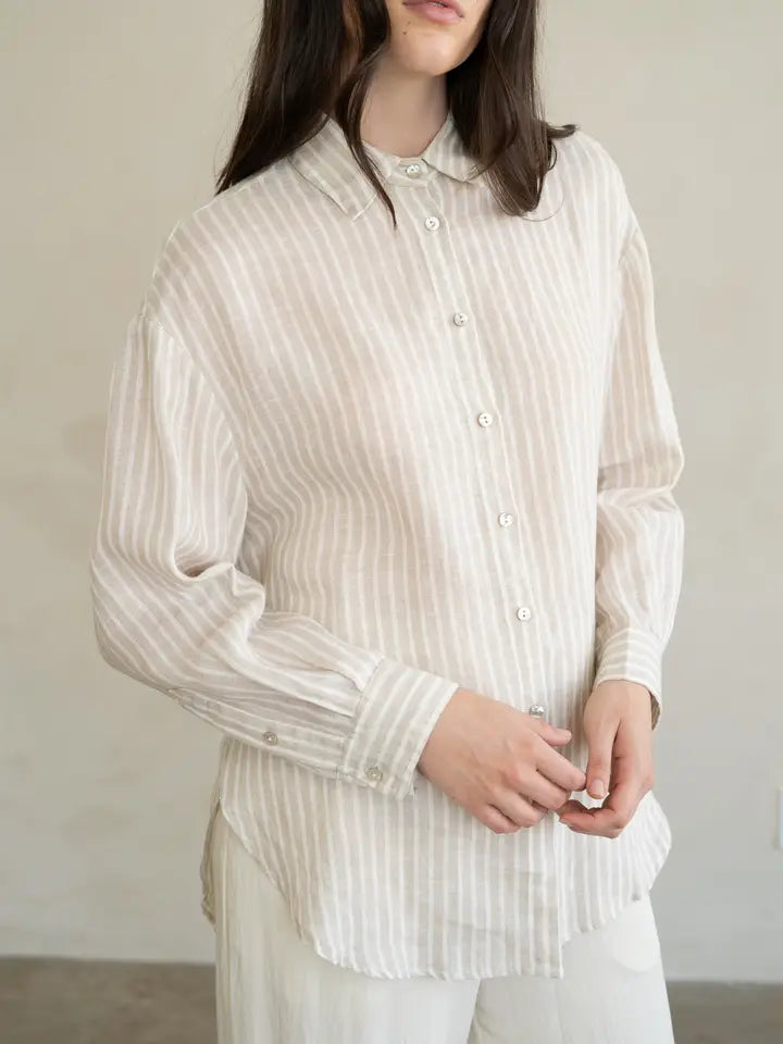 Striped Button Down Top - Beige Stripe