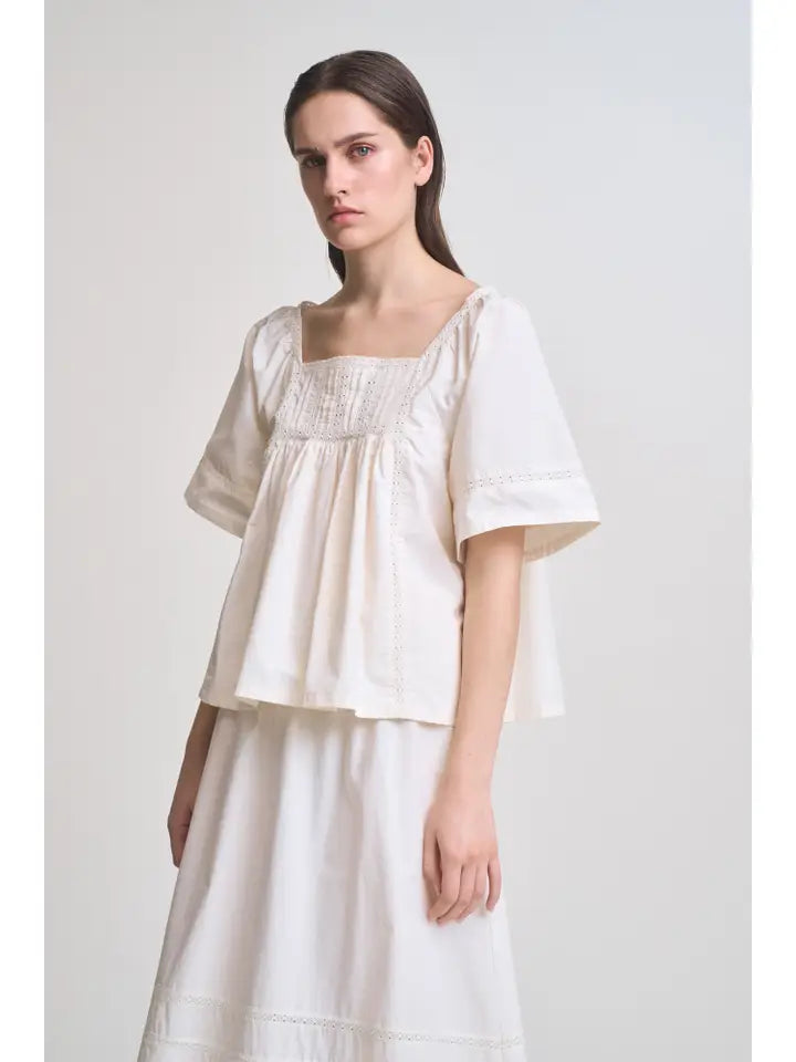 Cotton Lace Trim Blouse Top - Soy