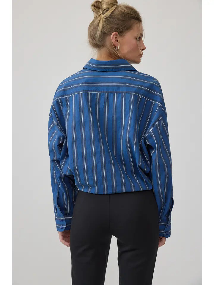 Button Up Drawstring Top - Blue Stripe
