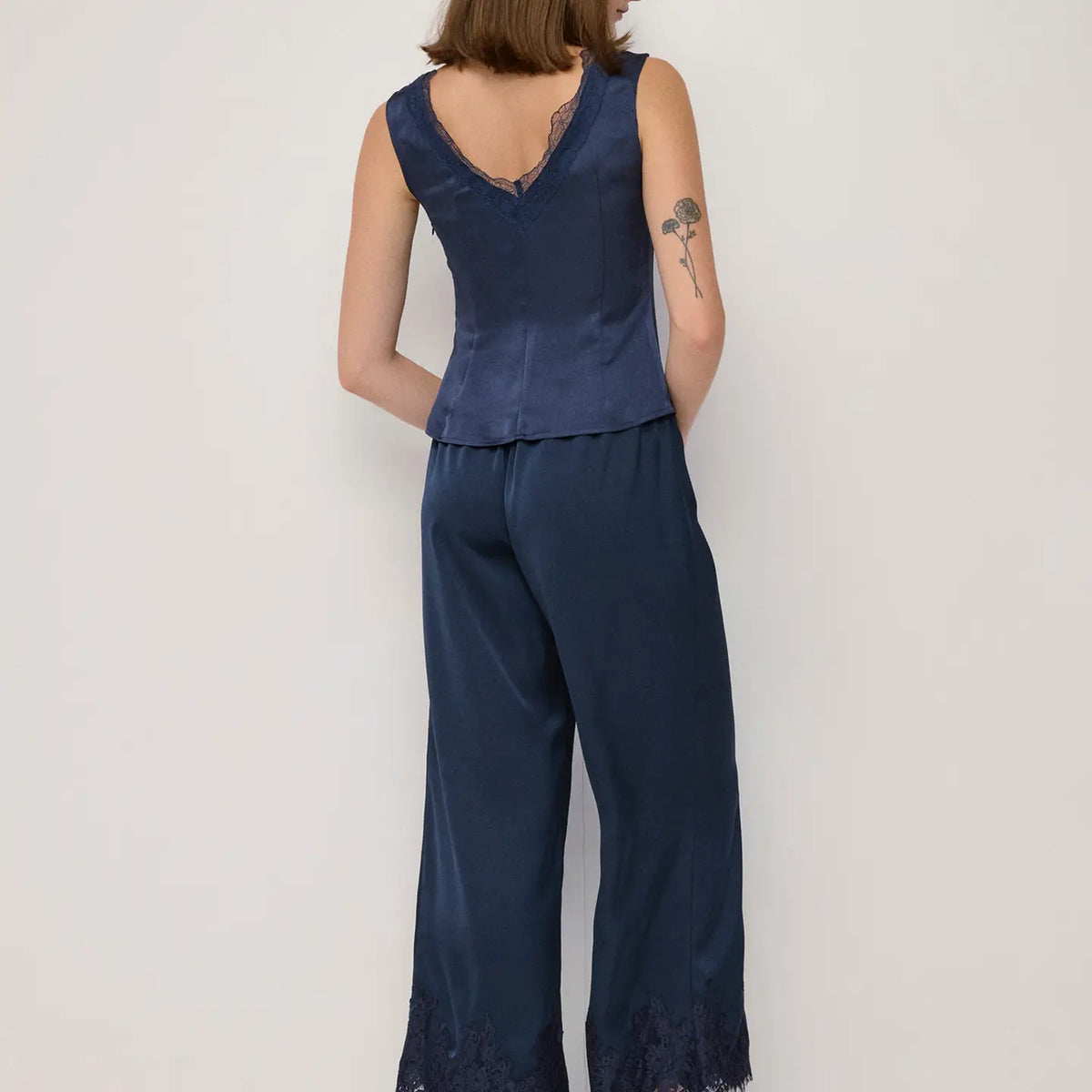 Elastic Wide Leg Satin Pant - Navy