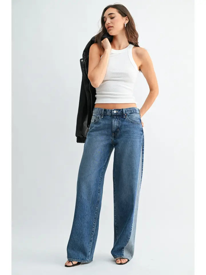 Contrast Angle Seam Wide Leg - Medium Denim