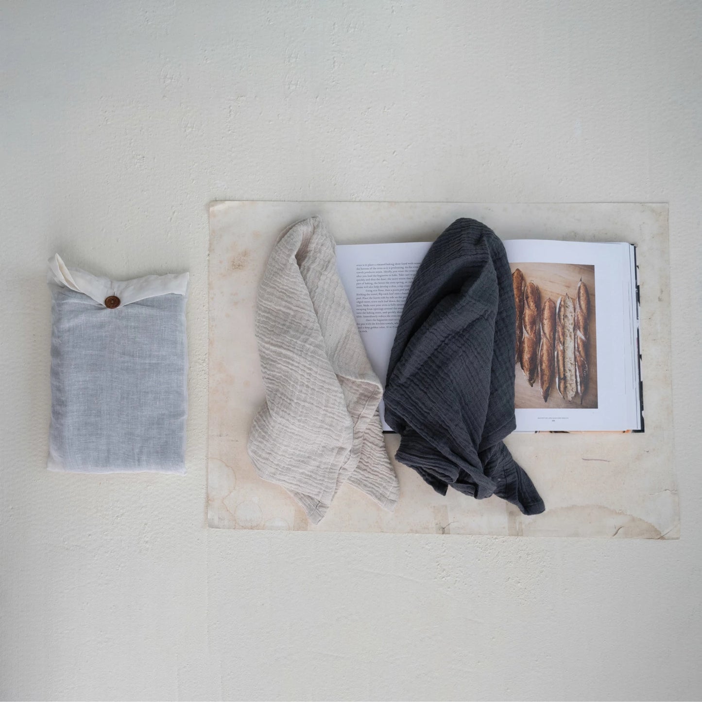 Cotton Double Cloth Tea Towels - Set of 2 - Cream + Dusk Blue